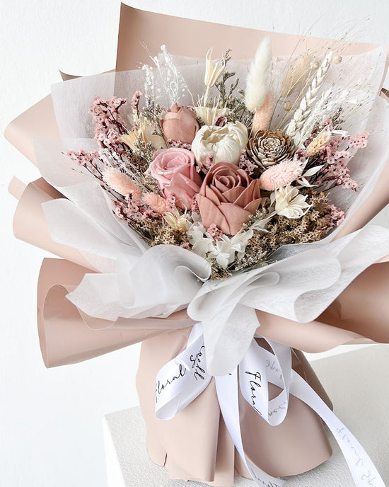 Toffee rose bouquet with chiffon ribbon